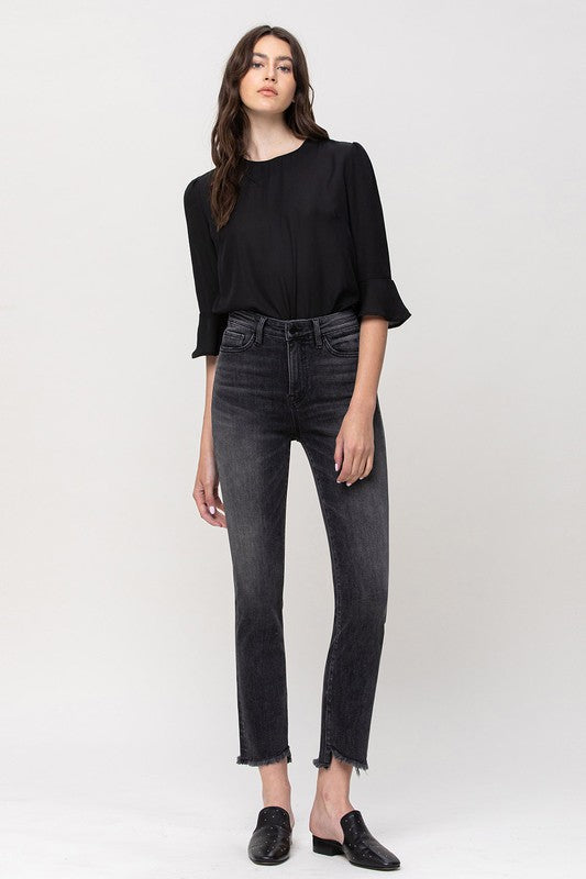 High Rise Straight Crop with Uneven Hem Details jeans