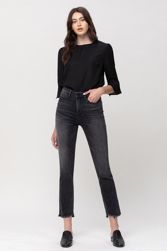 High Rise Straight Crop with Uneven Hem Details jeans