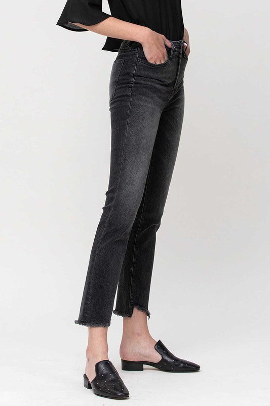 High Rise Straight Crop with Uneven Hem Details jeans
