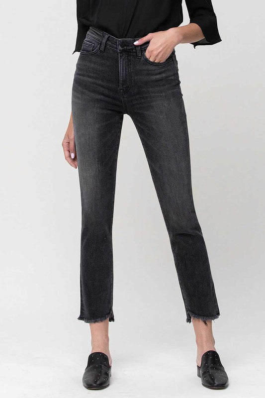 High Rise Straight Crop with Uneven Hem Details jeans