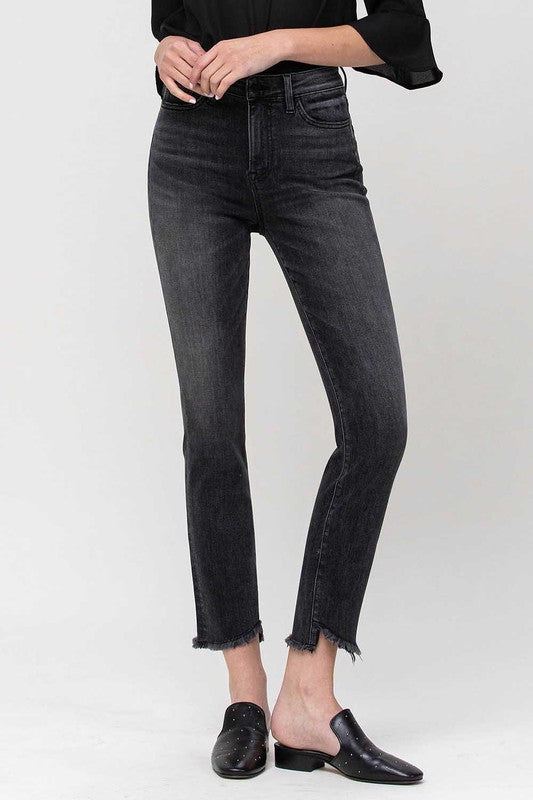 High Rise Straight Crop with Uneven Hem Details jeans