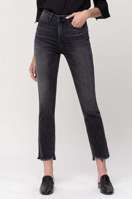 High Rise Straight Crop with Uneven Hem Details jeans