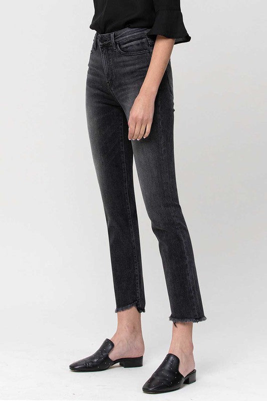 High Rise Straight Crop with Uneven Hem Details jeans