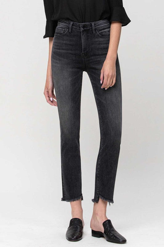 High Rise Straight Crop with Uneven Hem Details jeans