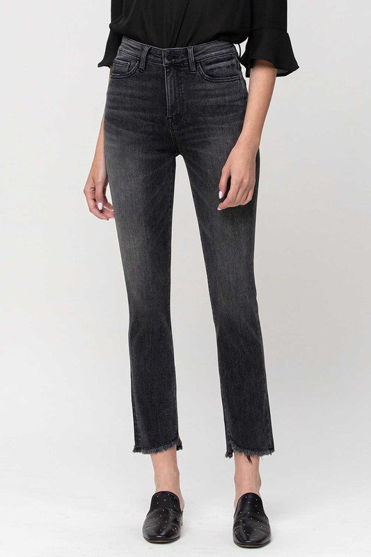 High Rise Straight Crop with Uneven Hem Details jeans