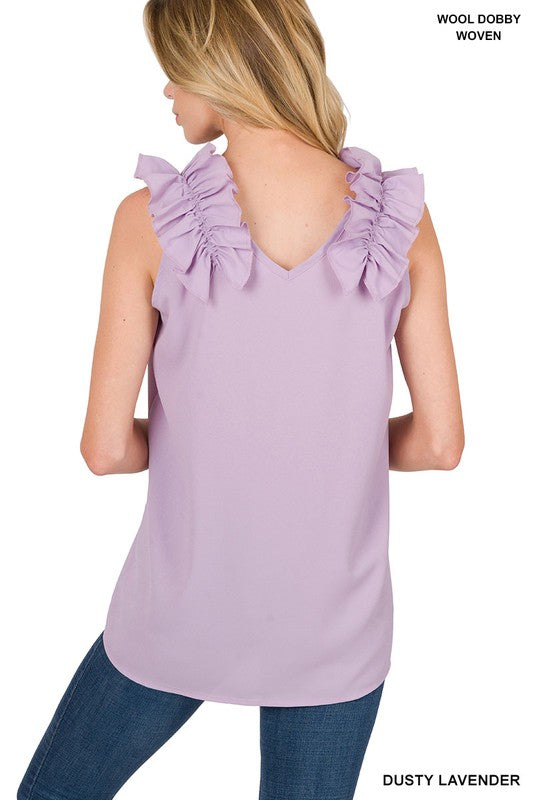 WOVEN WOOL DOBBY RUFFLE TRIM SLEEVELESS TOP