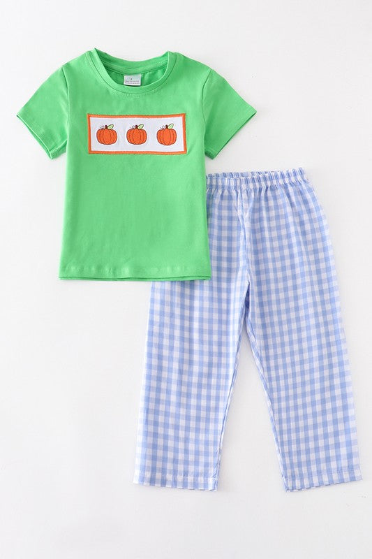 Kid Green pumpkin applique boy set