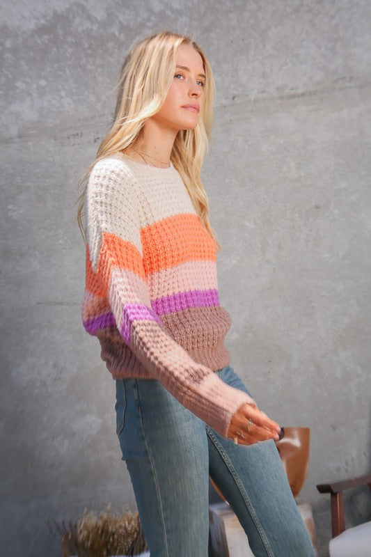 Waffle Stitch Multi Color Bold Striped Sweater