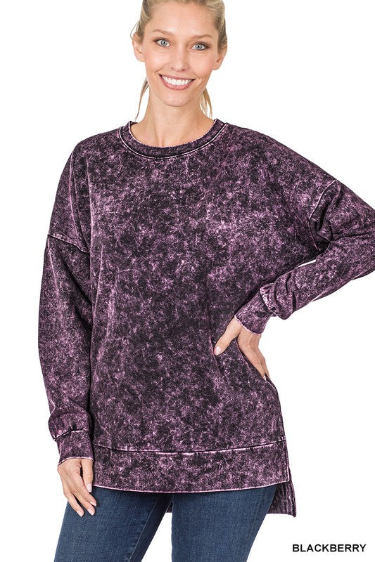Mineral Wash Round Neck High Low Hem Top