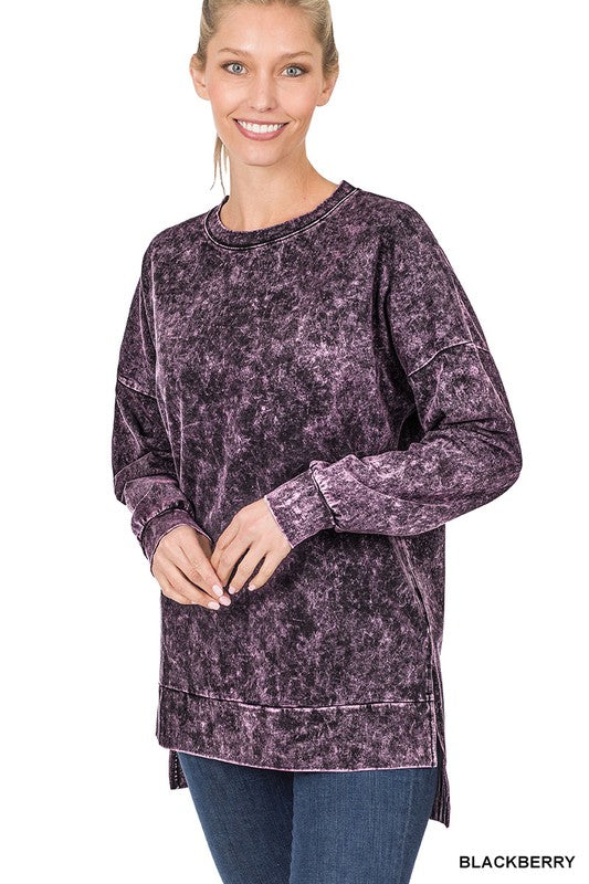 Mineral Wash Round Neck High Low Hem Top