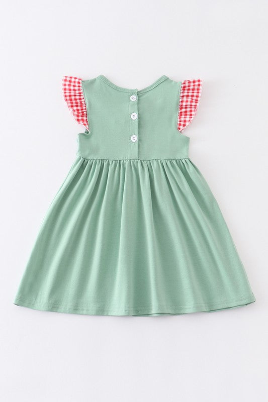 Green french knot farm ruffle dress