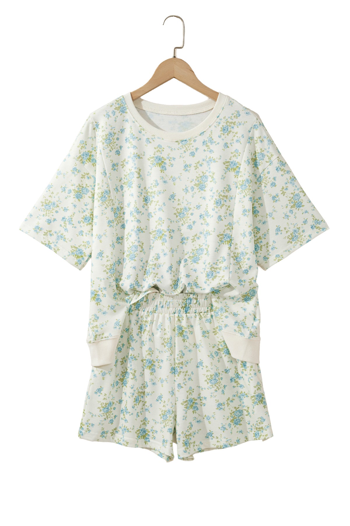 Sky Blue Floral Print Short Sleeve Elastic Waist Pocket Two Piece Set