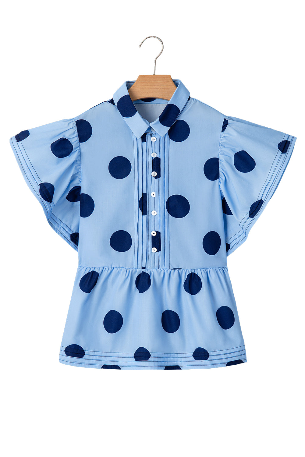 Sky Blue Polka Dot Print Ruffled Short Sleeve Buttoned Collared Blouse