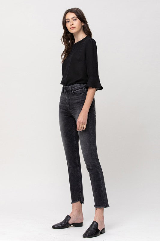 High Rise Straight Crop with Uneven Hem Details jeans