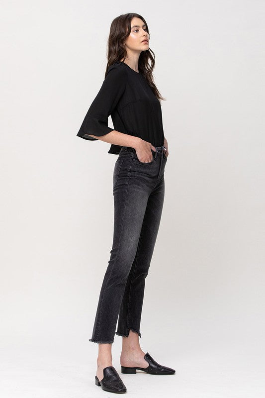 High Rise Straight Crop with Uneven Hem Details jeans