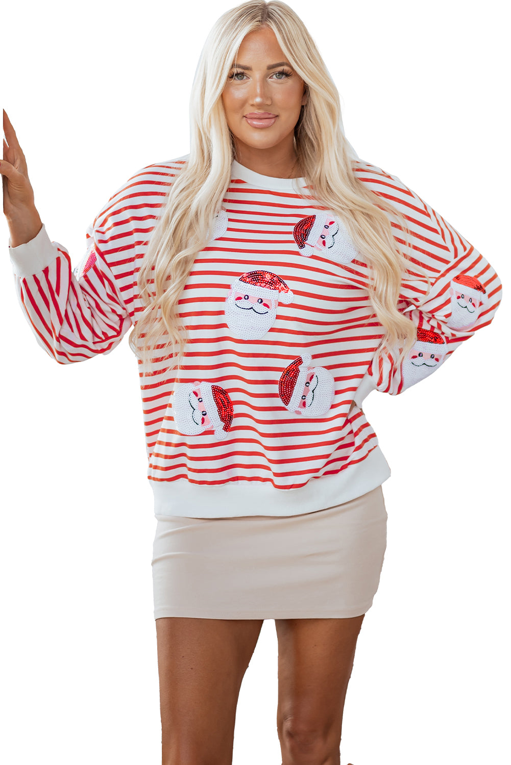 Orange Stripe Striped Sequin Santa Claus Pattern Christmas Pullover Sweatshirt