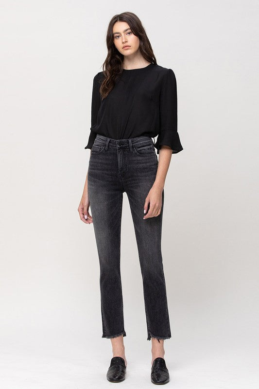 High Rise Straight Crop with Uneven Hem Details jeans