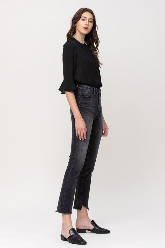 High Rise Straight Crop with Uneven Hem Details jeans