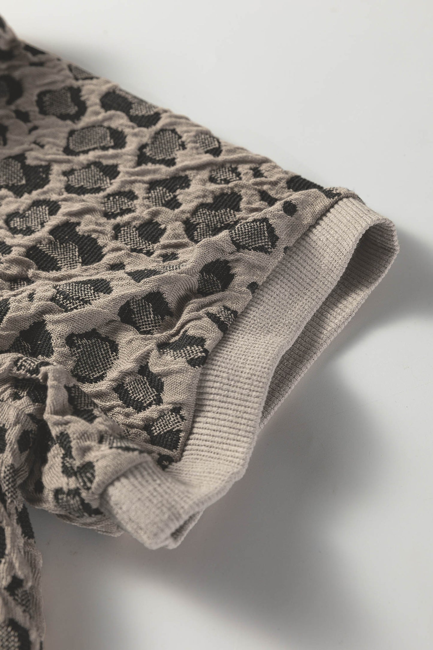 Khaki Textured Leopard Print Crew Neck Short Sleeve Top