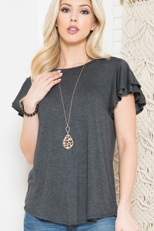 .Solid Short Flutter Sleeve Top