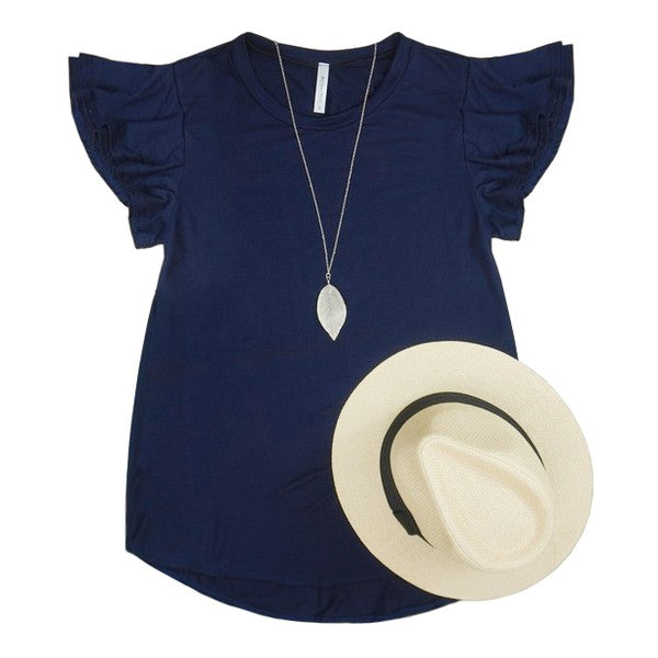 .Solid Short Flutter Sleeve Top