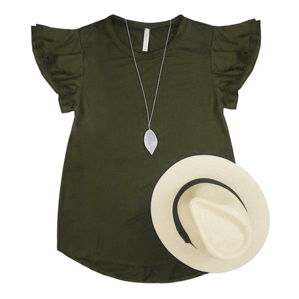 .Solid Short Flutter Sleeve Top