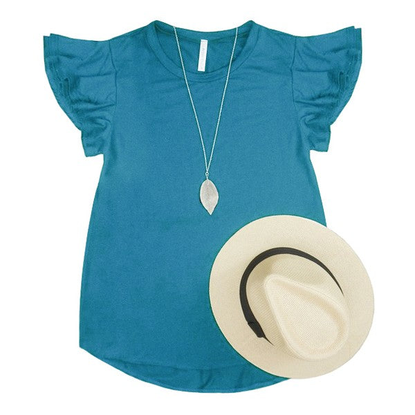 .Solid Short Flutter Sleeve Top