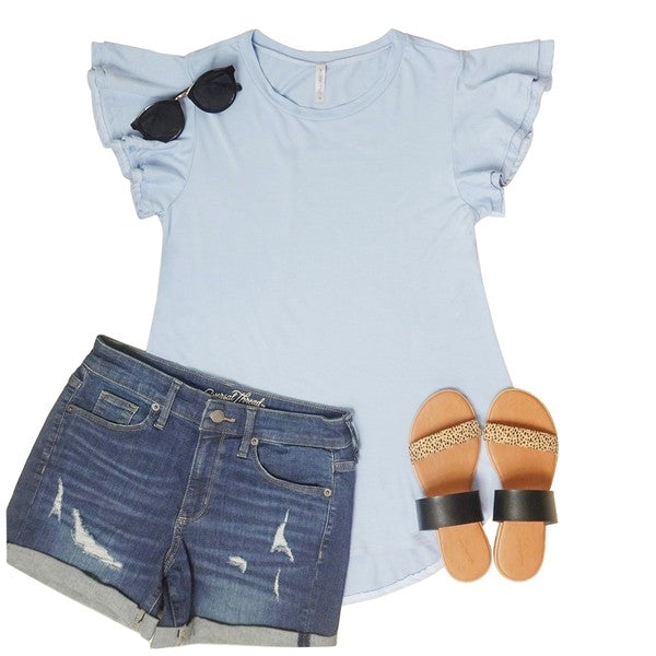 .Solid Short Flutter Sleeve Top