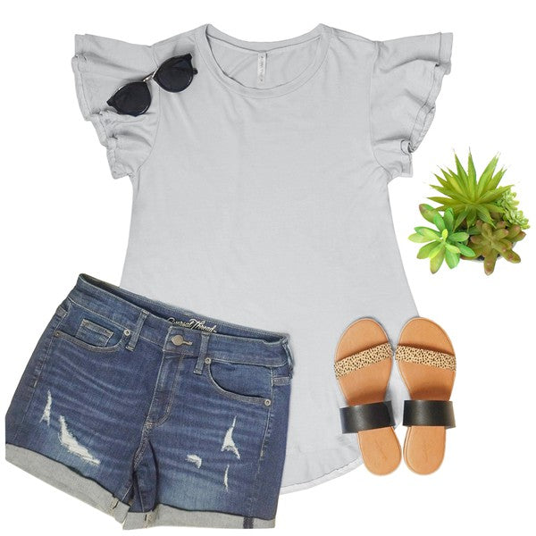 .Solid Short Flutter Sleeve Top