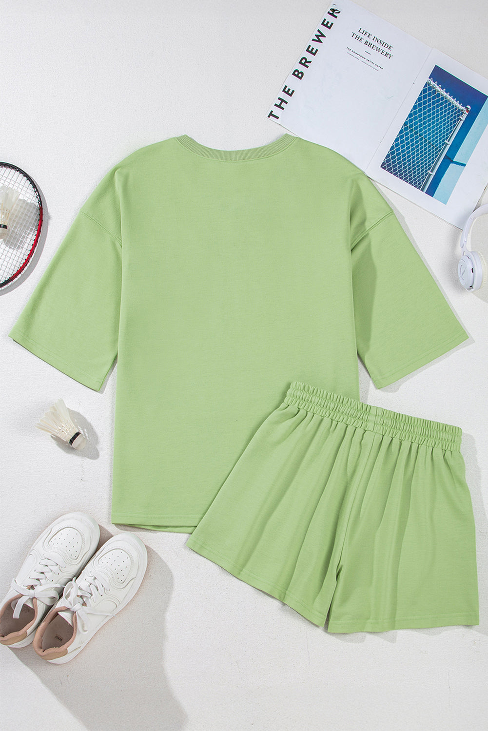 Meadow Mist Green Plus Size V Neck Drop Shoulder Tee Loose Shorts 2pcs Outfit
