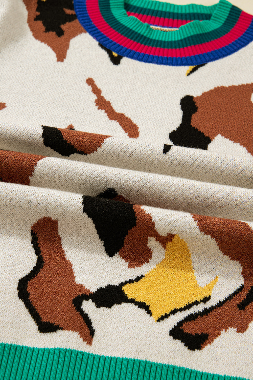 Apricot Contrast Ribbed Stripes Detail Animal Pattern Knit Sweater