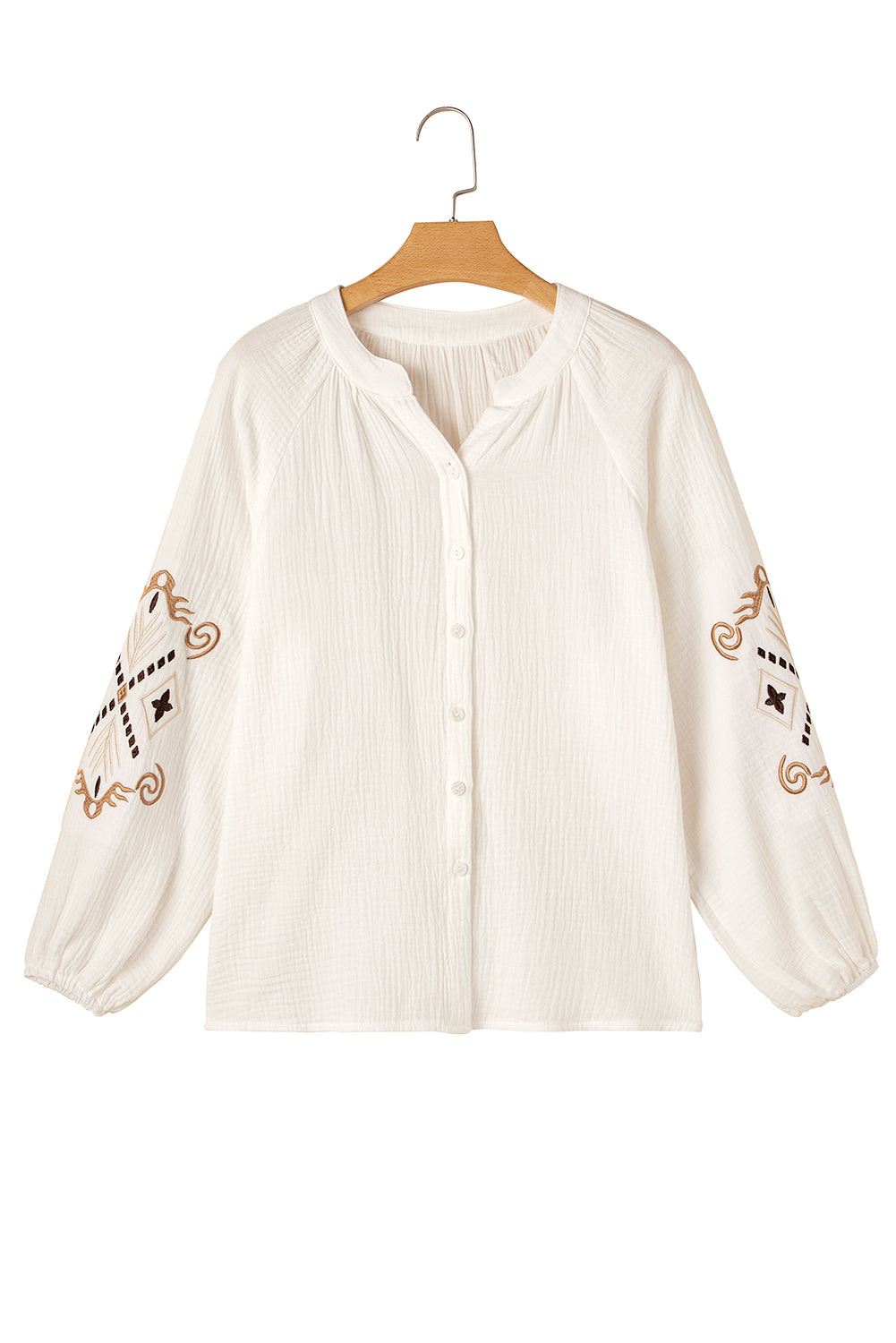 White Embroidered Textured Buttoned Crew Neck Shirt