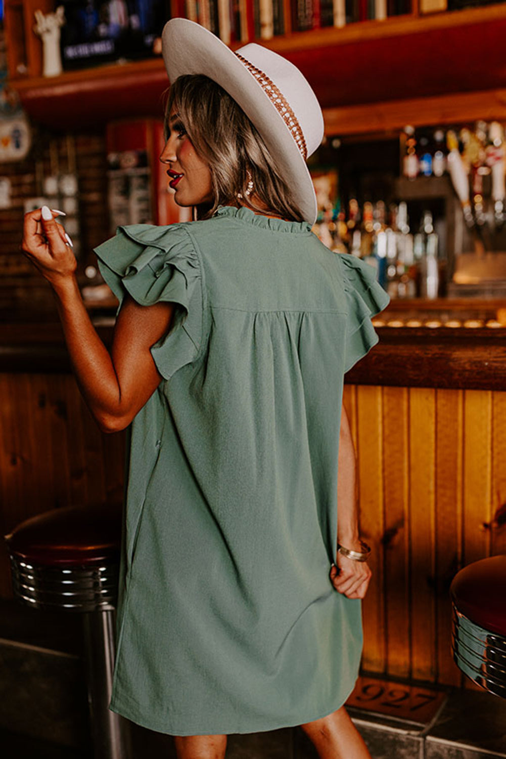 Mist Green Ruffle Sleeve V Neck Frilled Shift Dress