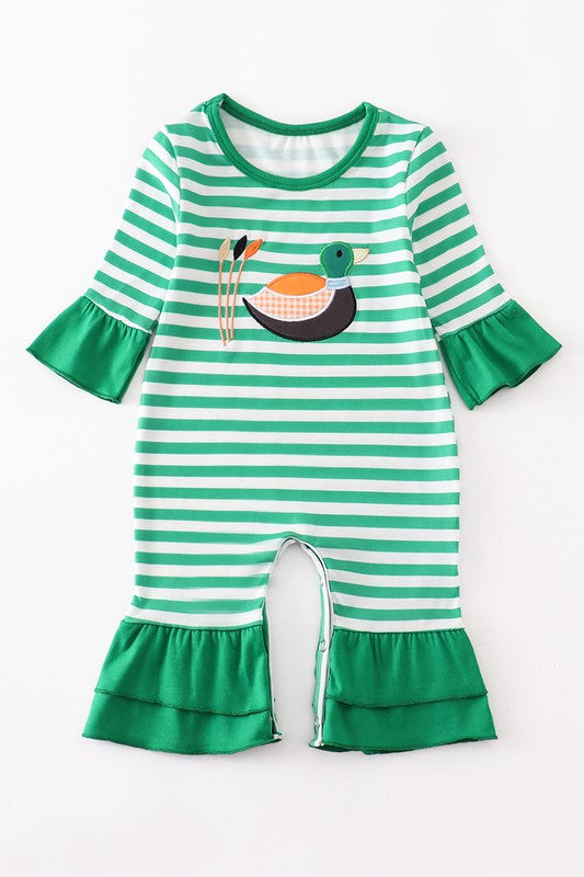 Green stripe duck applique girl romper