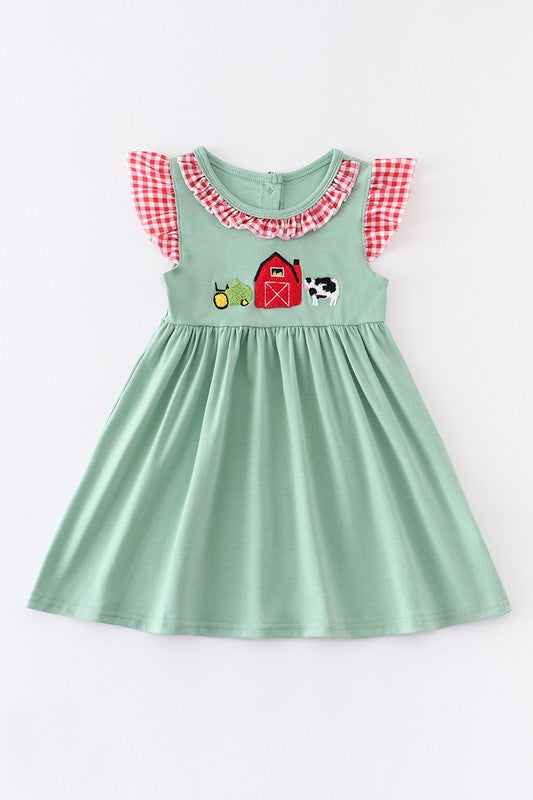 Green french knot  farm ruffle dress