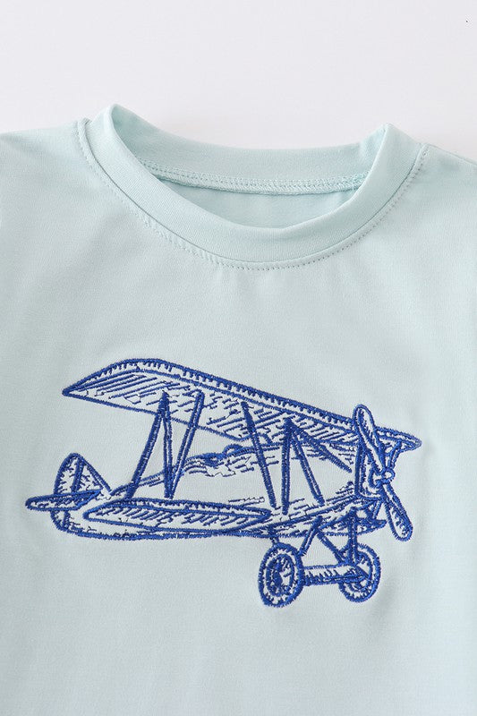 Blue aircraft embroidery boy top