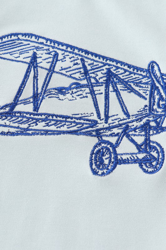 Blue aircraft embroidery boy top