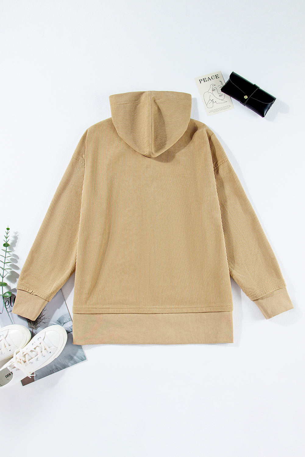 Simply Taupe Solid Ribbed Knit Buttoned Drop Shoulder Oversized Hoodie