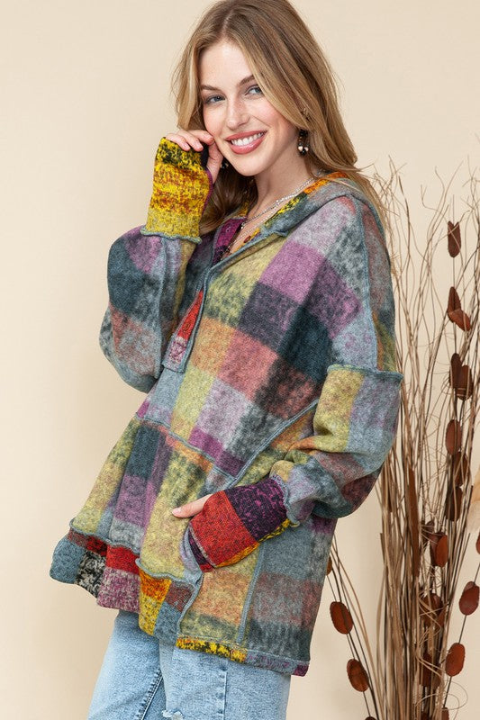 Plus Red Green Mustard Plaid Inside-out Hood Tunic