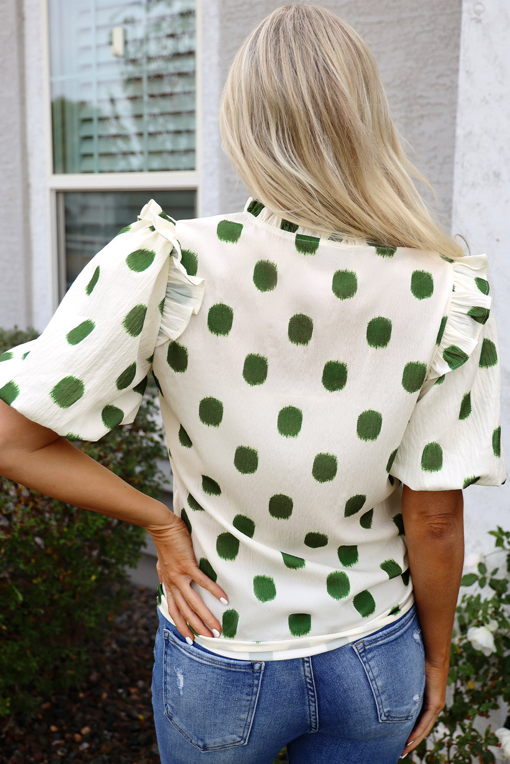 Apricot Polka Dot Print Shirred Yoke Notched Neck Balloon Sleeve Blouse