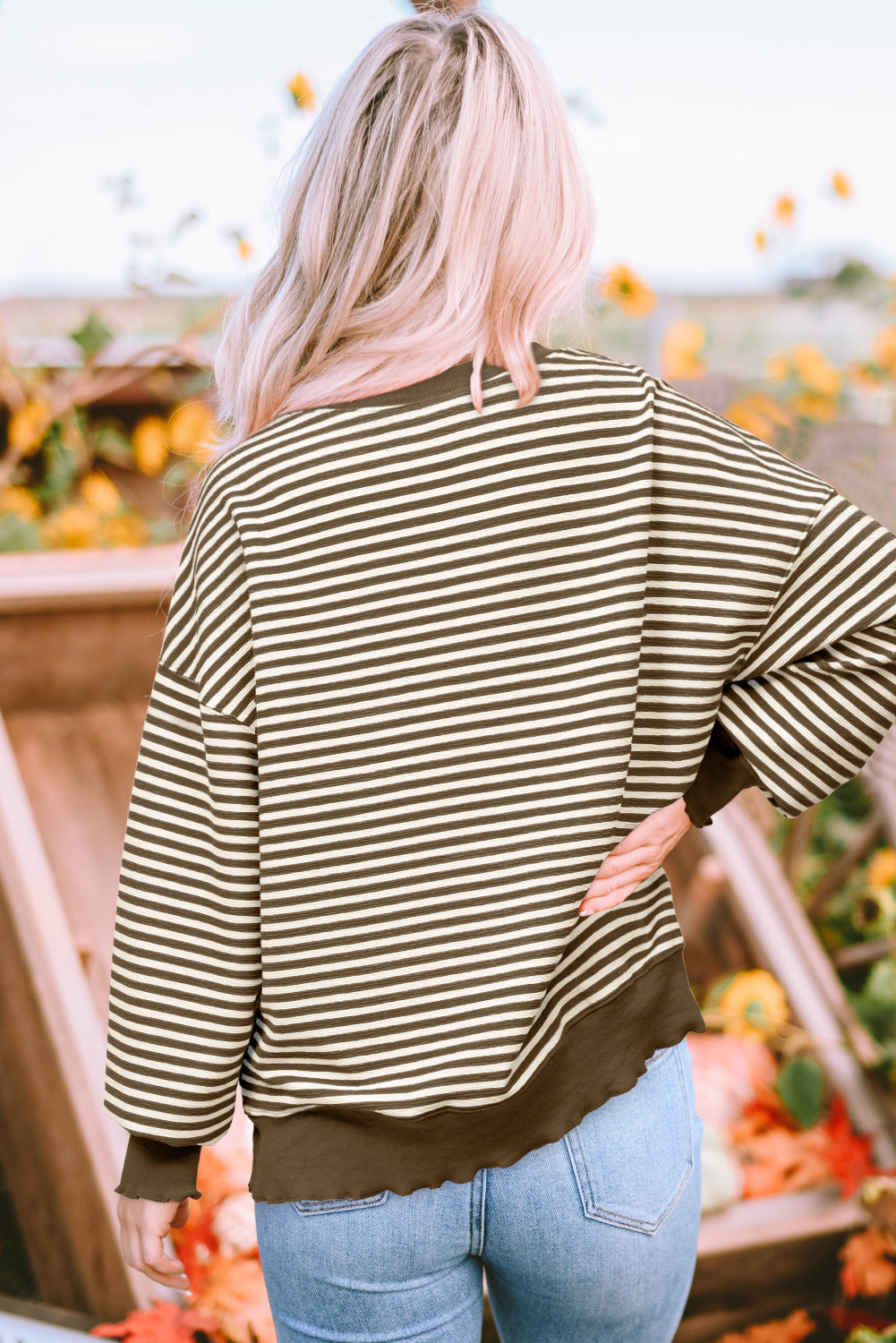 Brown Stripe Loose Drop Shoulder Long Sleeve Top