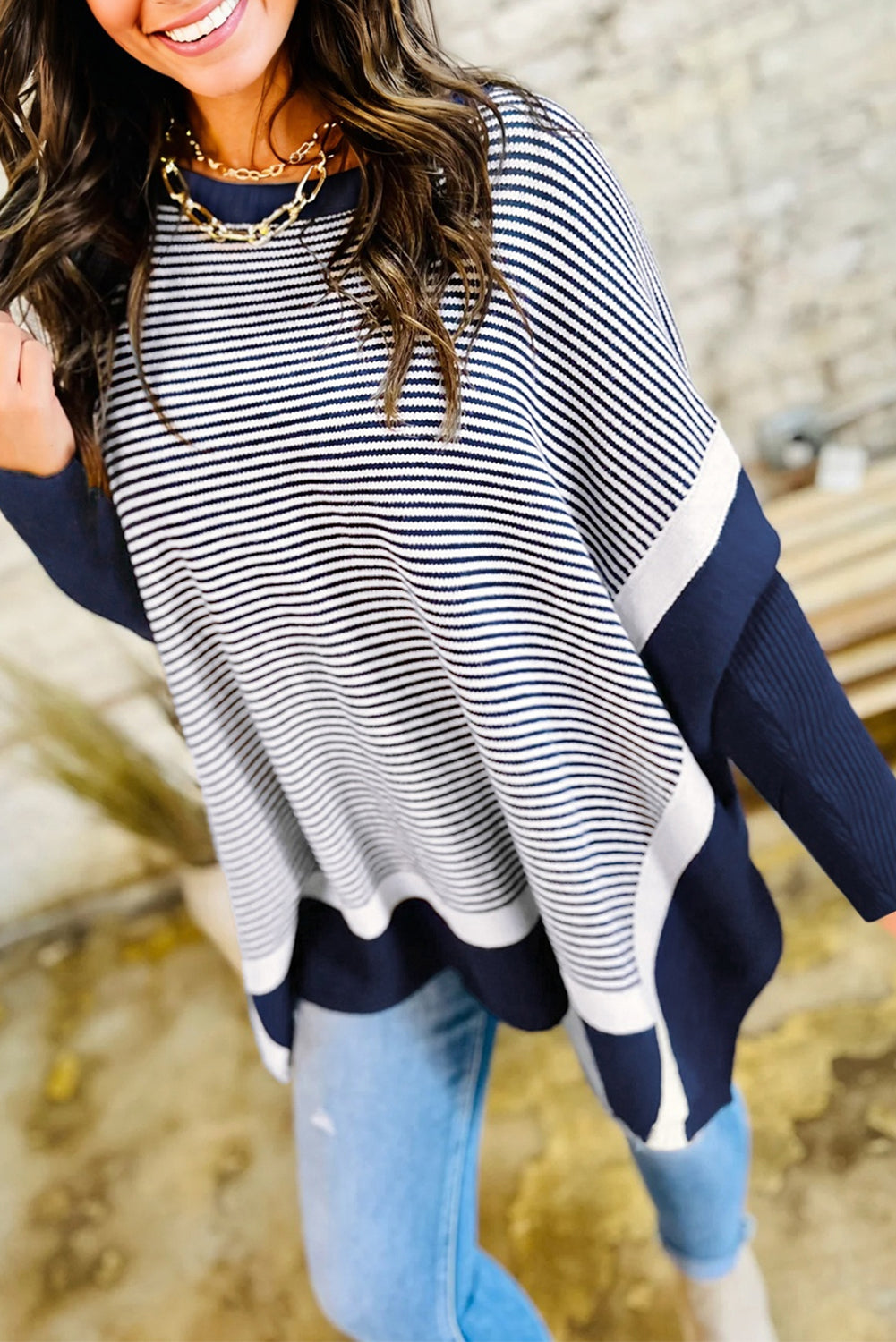 Blue Stripe Color Block Patchwork Dolman Oversize Tunic Sweater