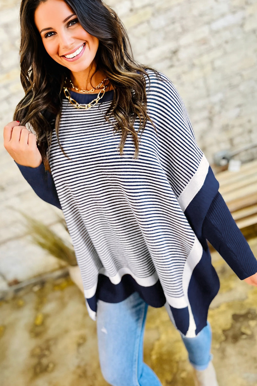 Blue Stripe Color Block Patchwork Dolman Oversize Tunic Sweater