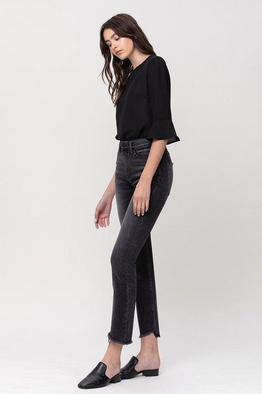 High Rise Straight Crop with Uneven Hem Details jeans