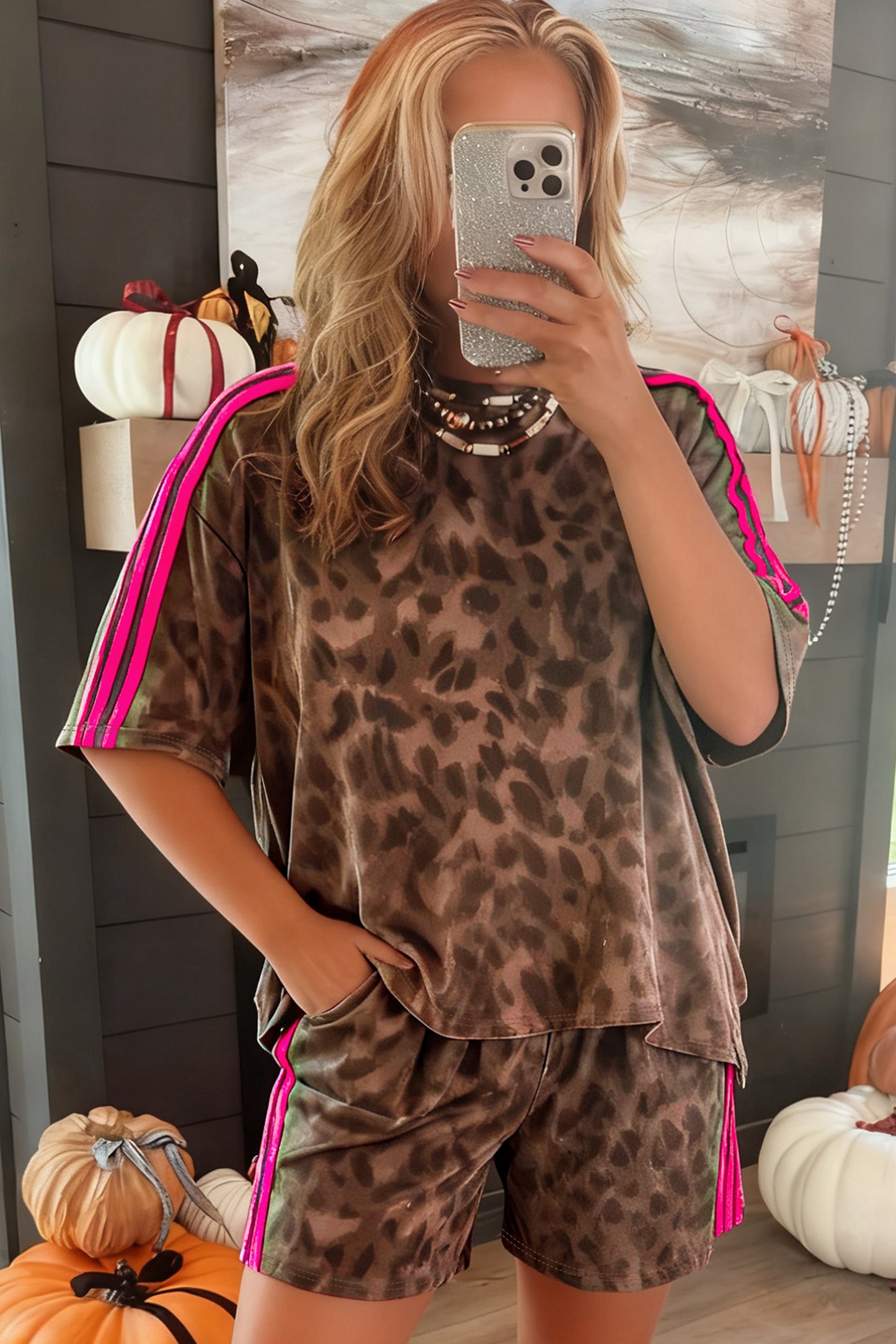 Brown Contrast Striped Accent Leopard Short Set