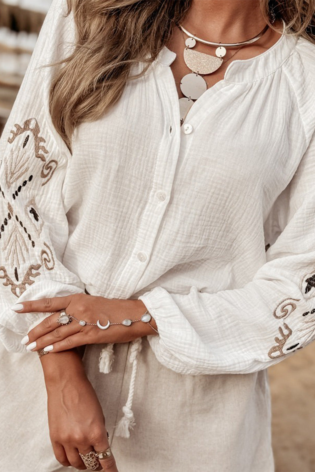 White Embroidered Textured Buttoned Crew Neck Shirt