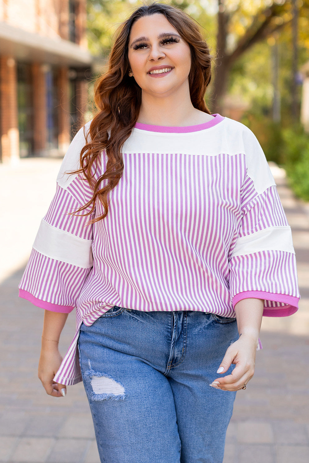 Pink Stripe Patchwork Bracelet Sleeve Plus Size T Shirt