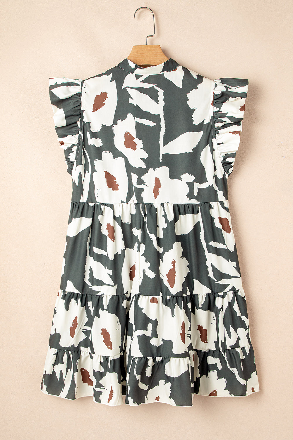Floral Flutter Sleeve Buttons Ruffled Hem Mini Dress