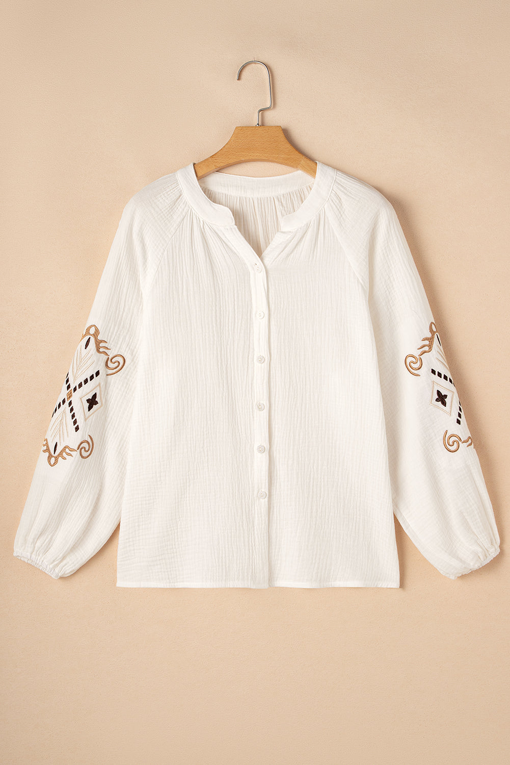 White Embroidered Textured Buttoned Crew Neck Shirt