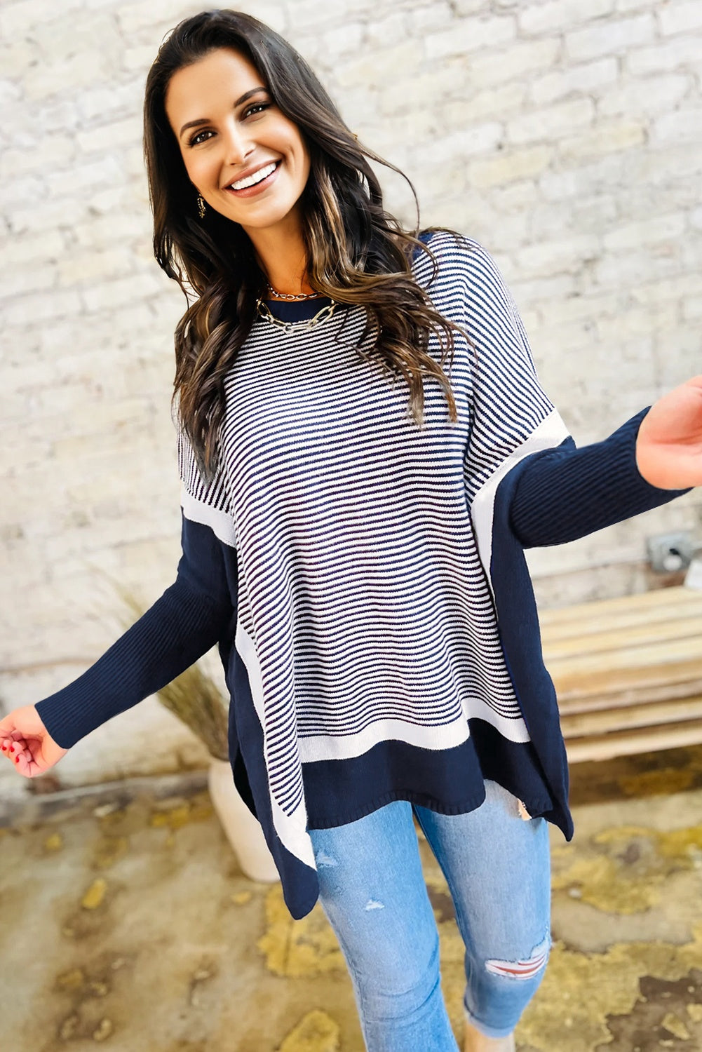 Blue Stripe Color Block Patchwork Dolman Oversize Tunic Sweater